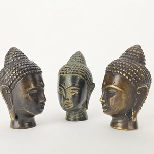 Bronze Buddha Head 3pcs, Indonesian Buddha Bust  Verde Gris Patina Buddhist Sculpture