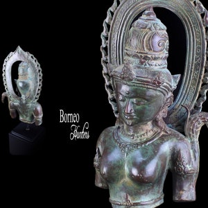 Lakshmi Hindu Goddess Of Wealth, Fortune, Power, Luxury, Beauty & Fertility; 17.25&quot; Bronze Laxmi Torso on Wood Base