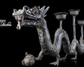 Vintage Dragon Candelabra 20.5"/ 52CM Imperial Dragon Candle Holder   Hand Cast Realistic Dragon Sculpture Light Bronze Chinese Regency Tea