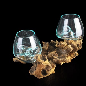 8.5x13&quot;Molten Glass On Wood, Hand Blown Glass Vase With Sculptural Wood One Of A Kind Centerpiece Decoration