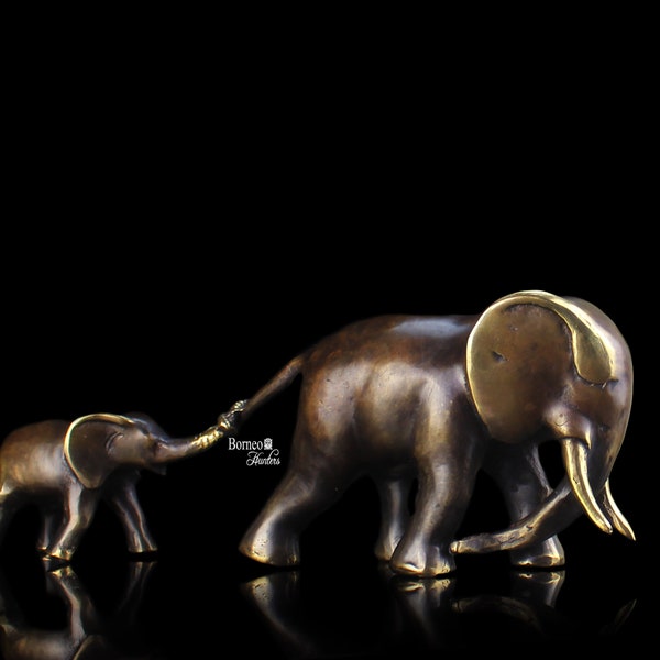 Brass Elephant Mother And Child Figurine 33CM, Brown And 'Gold' Elephant Family Sculpture