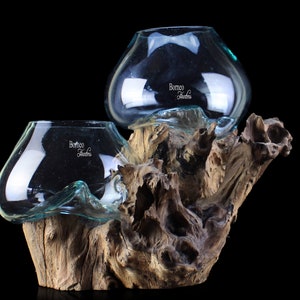 34x38x35 cm Mundgeblasenes geschmolzenes Glas auf hochwertigem Holzsockel, einzigartiges Glasgefäß, skulpturale Holzbasis Eco Planter Tischplatte Fisch Tank/Terrarium
