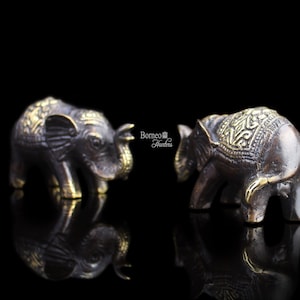 5.7CM Brass Elephant With Raised Trunk SOLD AS PAIR Happy Elephants In Full Processional Attire Accented Brown&Gold Elephant Sculptures