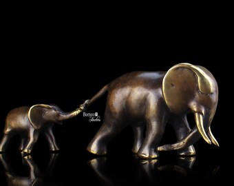 Brass Elephant Mother and Child Sculpture: Indonesian Figurine (33CM)