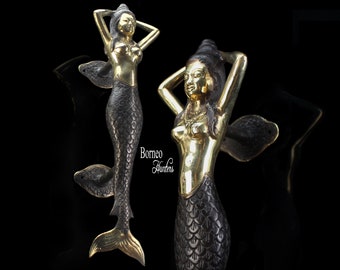 Brass Mermaid Door Handle: Hand-Cast Nautical Decor (13"/33cm)
