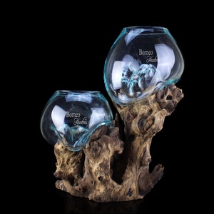 15.2x10.5x6&quot; Hand Blown Molten Glass On Sculptural Wood Base, Terrarium, Aquarium, Fish Tank, Succulent Indoor Planter,Salad Bowl
