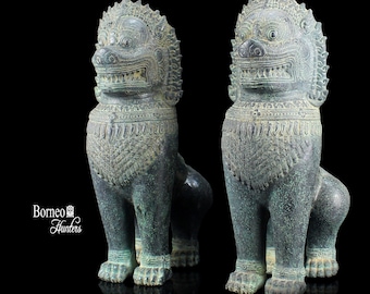 Guardian Shishi Lions Foo Dogs Sculptures - Cambodian Antique Khmer Style Bronze Standing Temple Guardian 16"/41CM