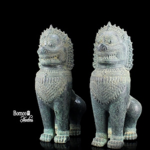 ONE PAIR Guardian Shishi Lions Foo Dogs Sculptures - Cambodian Antique Khmer Style Bronze Standing Temple Guardian 41CM