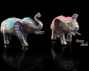 Mini Lucky Elephant Statues,3.5x2.5" Vintage Brass Elephants, Elephant Figurines, Good Luck Raised Trunk Elephant Statue Sold As Set (2pcs)