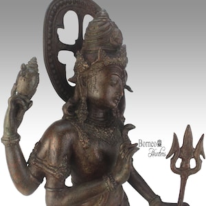 Puede incluir: Una estatua de bronce de una deidad hindú con cuatro brazos, sosteniendo una concha, un tridente y otros objetos. La estatua está intrincadamente detallada y tiene una pátina marrón oscura.