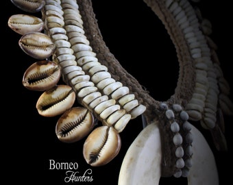 May include: A traditional necklace made of white and brown seashells, with a boar tusk pendant. The necklace is woven with brown string and has a decorative pattern of small white beads.