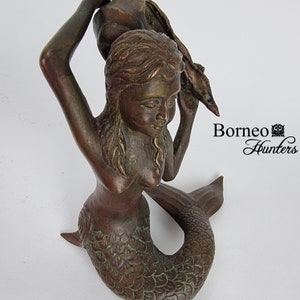 Mermaid Figurine, Mermaid Sculpture, Bronze Mermaid Holding A Seashell 7x7&quot;