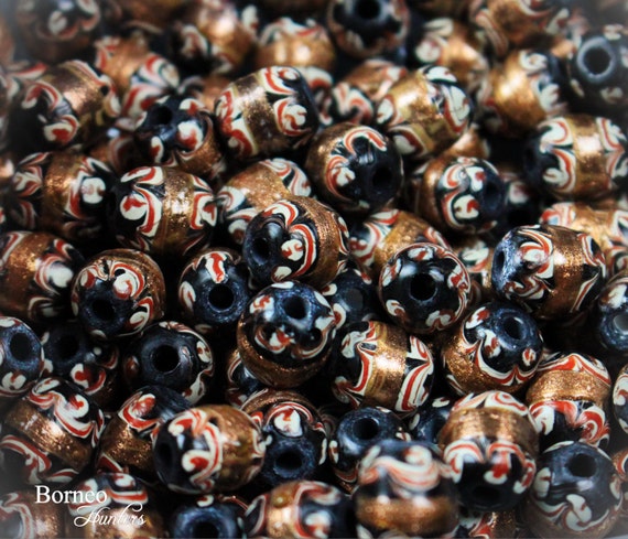 Borneo Artisan Glass Beads: Red, White & Gold Dust - 2pc Set