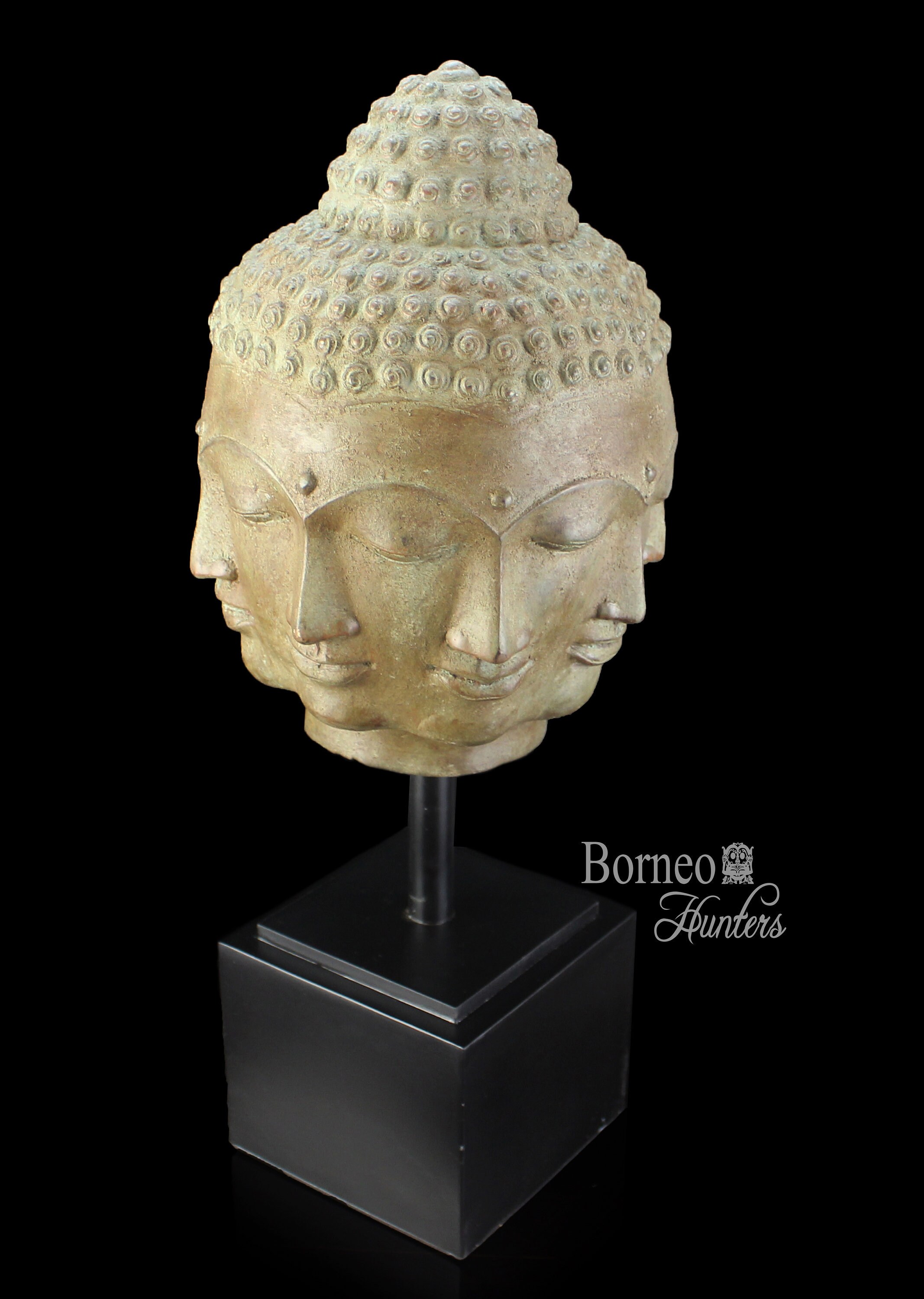 ブロンズ製仏像頭部 木製台座付き 八面仏頭像：台座付きブロンズ彫刻（高さ58cm） - Etsy 日本