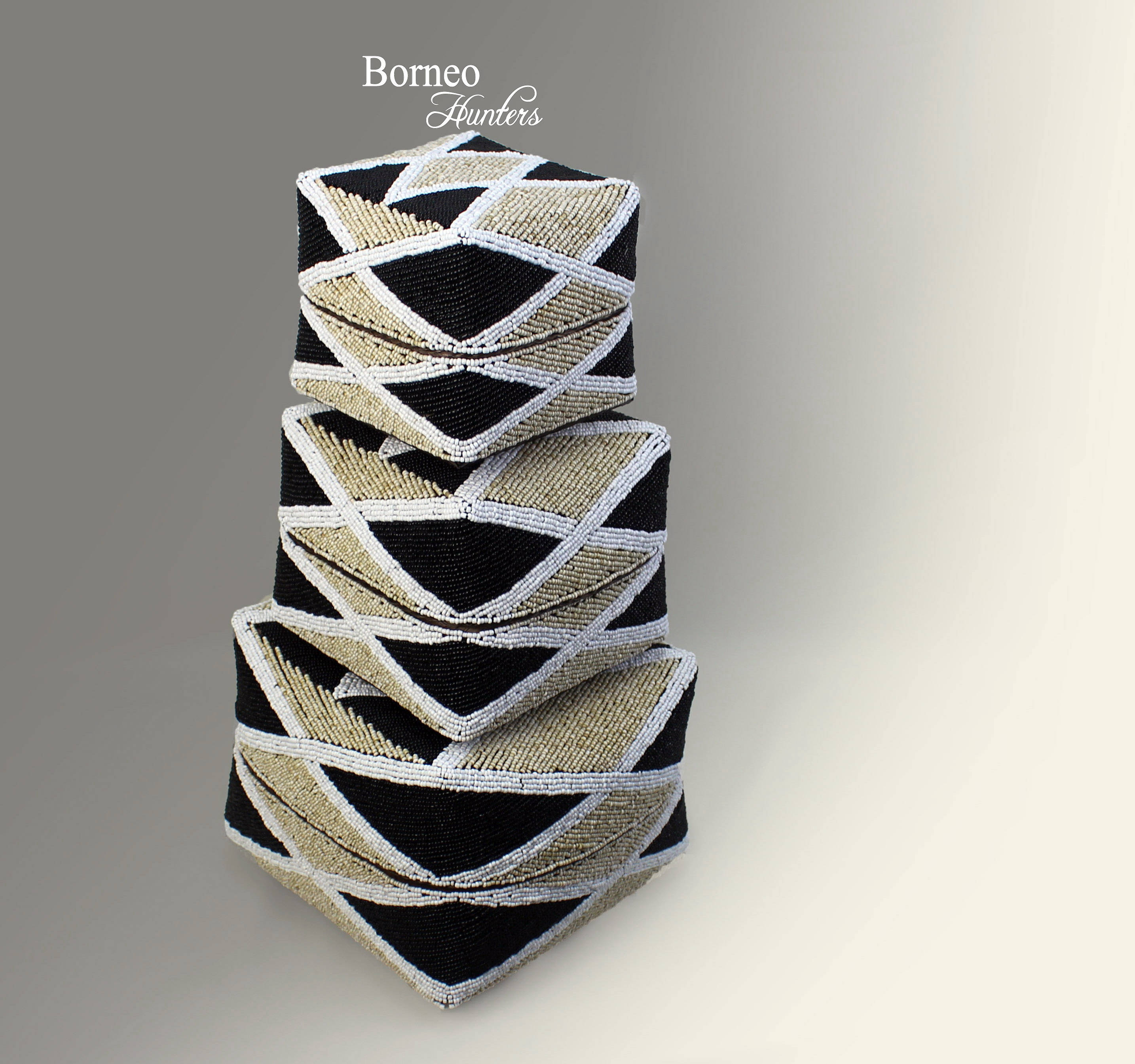 Beaded Box Basket Set Handcrafted Decorative Accent, Black White Cream