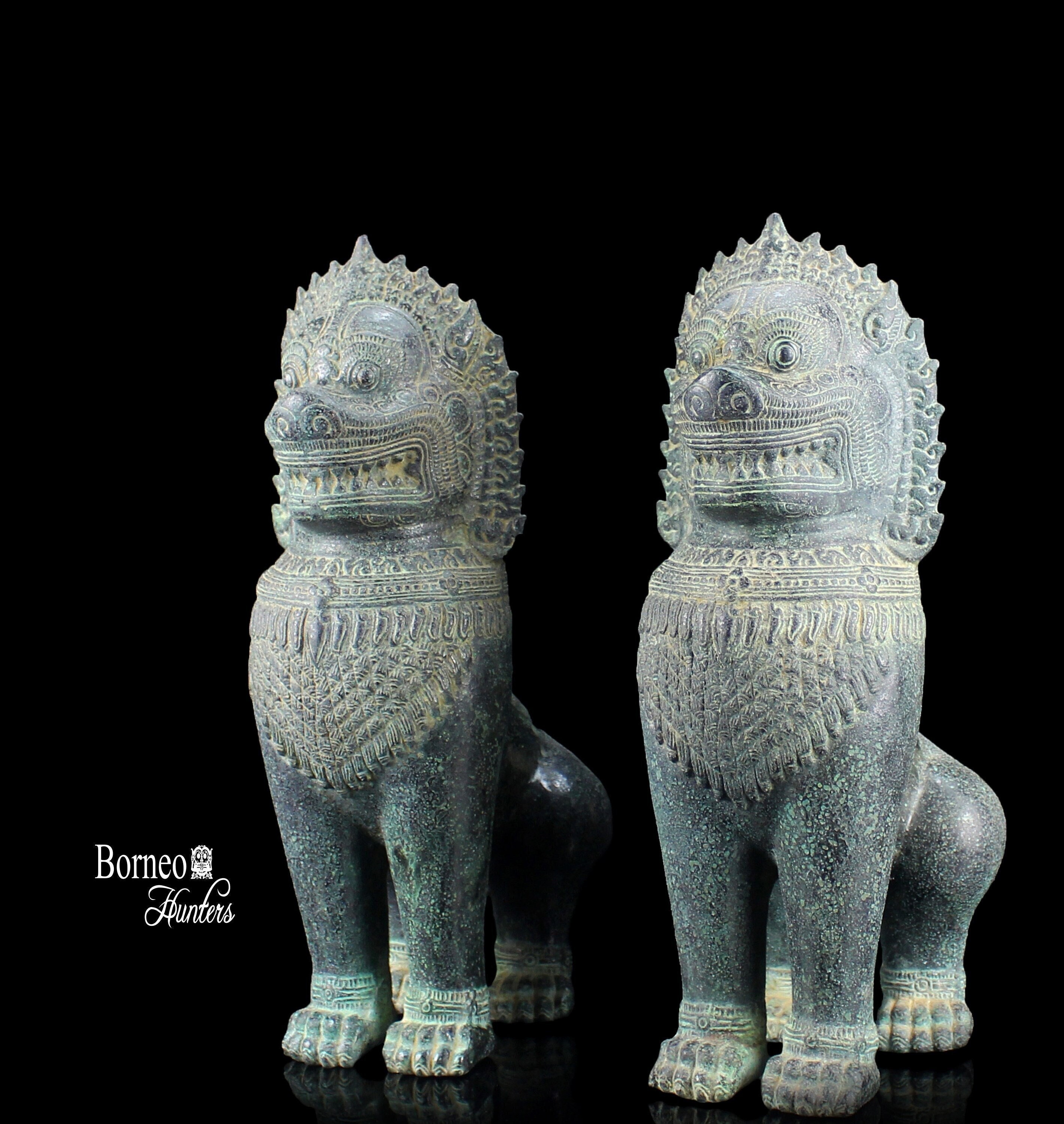 41 CM 獅子と犬の彫刻 - カンボジアアンティークブロンズ クメール