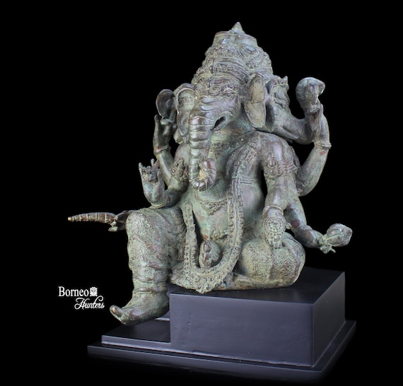Trimuhkti Ganesha 像: 12 インチ ブロンズ インディアン ガナパティ