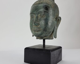クメールブロンズ仏頭像：カンボジアのアンティークスタイルの装飾