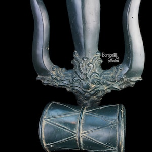 60CM Bronze Trishul or Trident of Shiva With Drum, Hindu Trident And Damaru On Base
