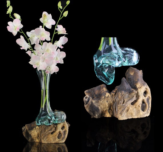 Hand Blown Glass Vase on Driftwood Base: Eco-Friendly Table Decor