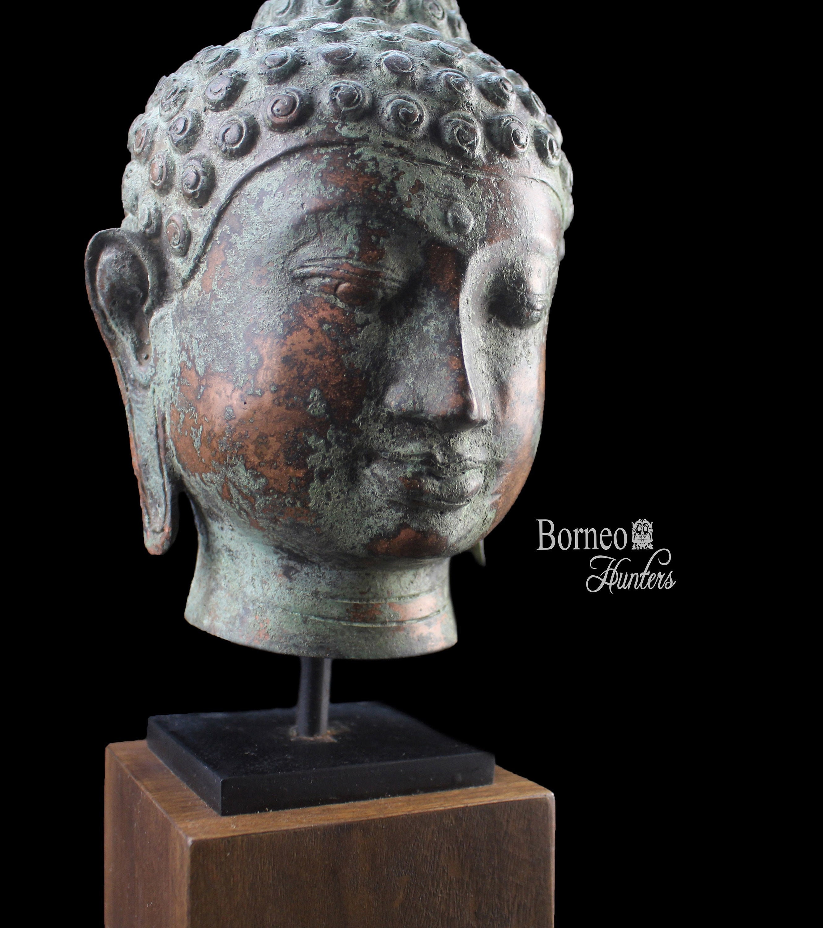 Bronze Buddha Head Statue Verde Gris Patina, Indonesian Sculpture