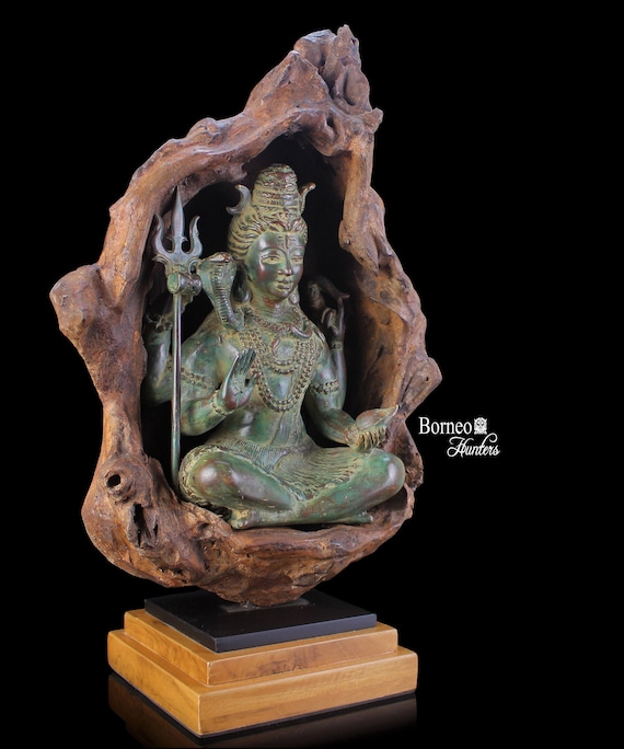 ヒンドゥー教のシヴァ神ブロンズ彫刻：コブラ、トライデント、天然木