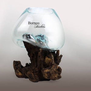 Molten Glass Terrarium With Wood Base Hand Blown Unique Glass Vase/Fish Bowl On Sculptural Wood Base 13x11x9&quot;