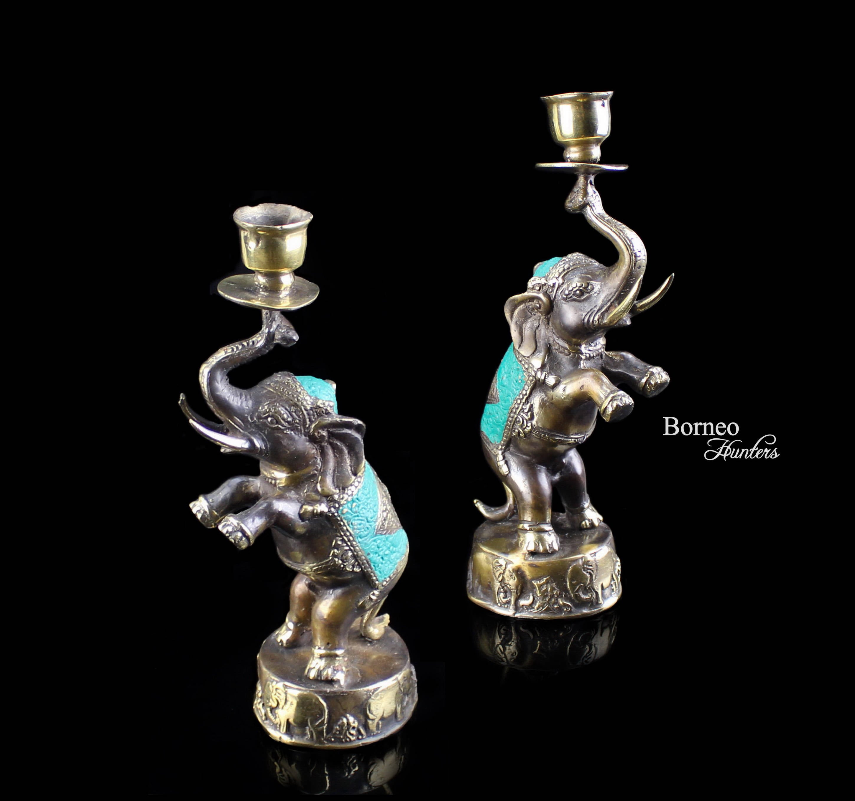 Brass Elephant Candlestick Holders Lucky Trunk Home Decor | Set Of 2