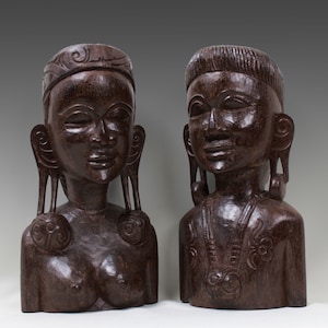 Commemorative Head Sculpture 12&quot;&12.6&quot; Tall Tribal Borneo Male Female Iban Dayak Chief Head Carving// Tattoo Motif/Carved Earrings/Necklace