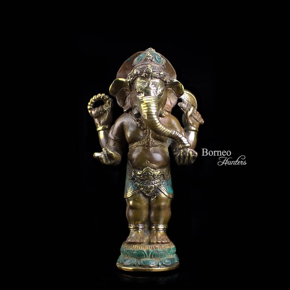 インドネシア製ガネーシャ立像（真鍮製、知恵の神、手彫り、6.8インチ