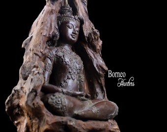 24" Royal Thai Buddha Statue Encased In Natural Wood, Sitting Buddha In Dhayana Mudra Meditation