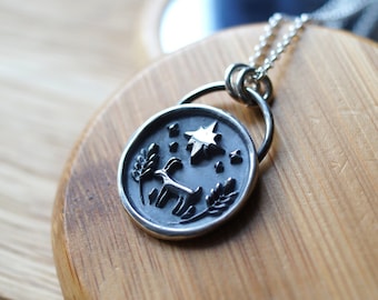 Silver Goat and Stars Pendant, Necklace for women, Silver Statement Layered Necklace, Layer Necklace, Coin Necklace Gift For Her