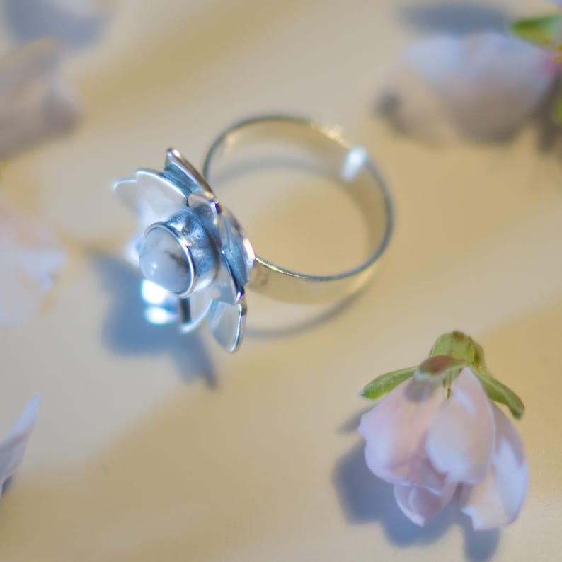 bohemian engagement ring flower rings for women floral gift women romantic love ring gift White howlite silver ring cherry blossom ring