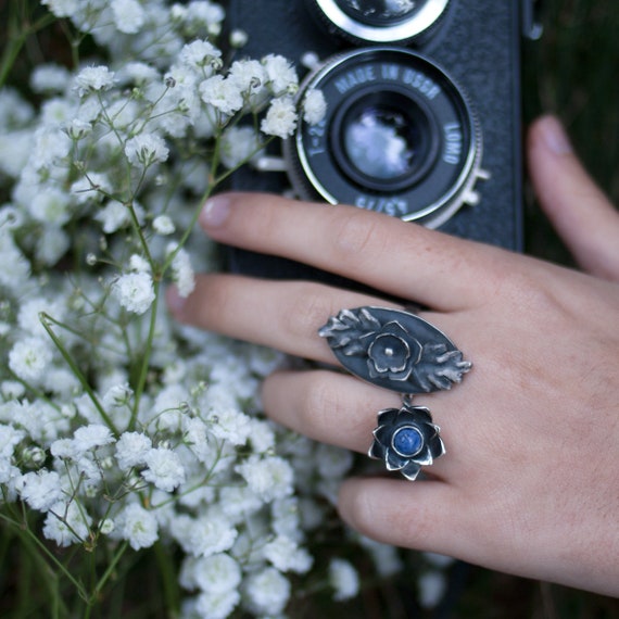 Flower With Leaf Ring Floral Silver Rings for Women Nature 