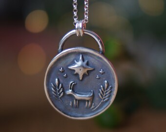Goat and shooting star sterling silver necklace for women, pagan coin pendant, Dark night, Unique  magical pendant