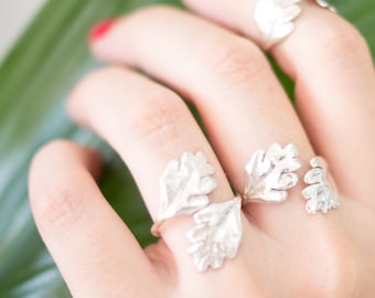 Sterling silver adjustable leaf rings for wonem, nature jewelry, gift for women, bohemian rings, handmade jewelry, bridesmaid gift, oak leaf