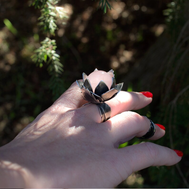 adjustable rings floral woman ring gemstone rings for women Flower rose quartz ring nature sterling silver ring
