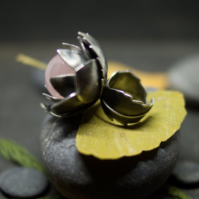 adjustable rings floral woman ring gemstone rings for women Flower rose quartz ring nature sterling silver ring