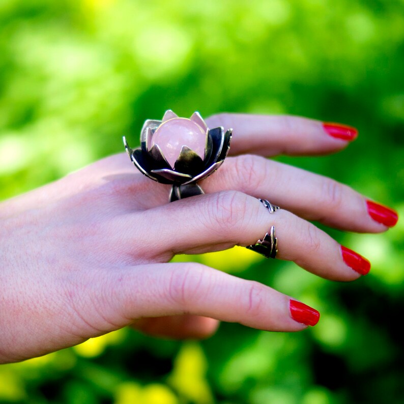 adjustable rings floral woman ring gemstone rings for women Flower rose quartz ring nature sterling silver ring