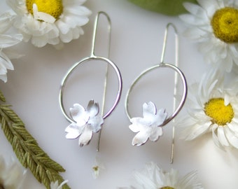 silver flower hoops earrings, earrings for women, flower earrings, cherry blossom earrings, handmade earrings, silver long earrings
