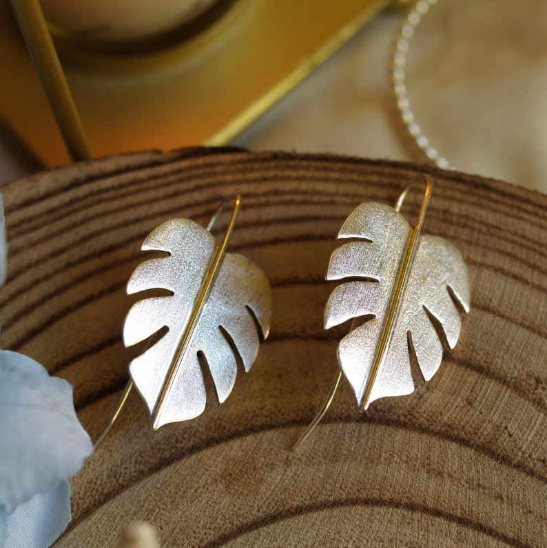 Boucles d'oreilles tropicales faites main en argent sterling 925, bijoux nature, boucles d'oreilles femme, boucles d'oreilles feuilles tropicales image 3