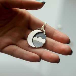Sterling Silver Unique Mountain Necklace, Silver Moon Pendant, Hiking Jewelry, The Mountains are  Calling and I Must Go, Moon Phase Pendant