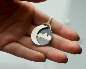 Sterling Silver Unique Mountain Necklace, Silver Moon Pendant, Hiking Jewelry, The Mountains are  Calling and I Must Go, Moon Phase Pendant