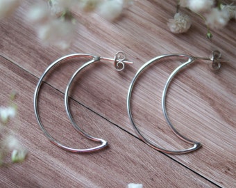 Silver Crescent Moon Hoop Earring, Open Moon Hoop Earrings for Women, Sterling Silver Moon Earrings, Witchy Earrings,