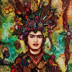 May include: A colourful mixed media artwork depicting Frida Kahlo. The portrait features a detailed floral headdress and ornate clothing. The background is a collage of textures and text, creating a layered and artistic composition with vibrant colours.