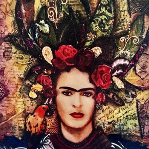 May include: A portrait of a woman adorned with a floral headdress and a bird perched on her shoulder. The background is a collage of text and floral patterns. The woman has dark hair, a prominent unibrow, and red lipstick.