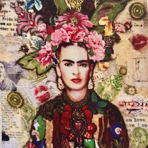 Parche de Frida Kahlo. Tela de algodón para coser en ropa, almohadas y colchas. Obra original cortada a mano.