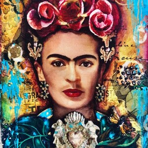 May include: A colourful portrait of a woman wearing a floral crown and elaborate jewellery. The artwork uses a rich palette of reds, blues, and golds. The subject has dark eyes, a prominent unibrow, and red lipstick. The image has a vintage, artistic style.