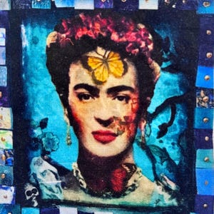May include: A square artwork depicting Frida Kahlo with a yellow butterfly on her forehead. The portrait is set against a blue backdrop and framed with a mosaic-style border of blue and white squares. The artwork has a vintage aesthetic.