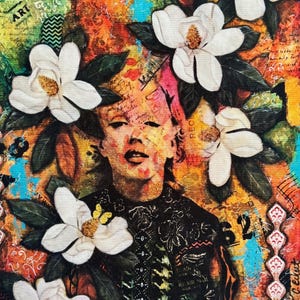 May include: Mixed media artwork featuring a portrait surrounded by white magnolia flowers and dark green leaves. The background is a collage of colours and textures with the text "Being Normal is Boring".